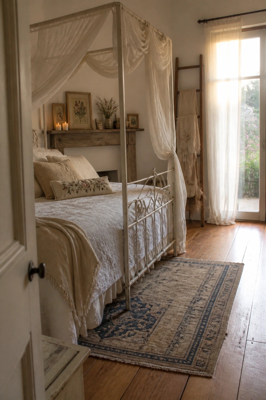 A bedroom featuring a white metal canopy bed with sheer white drapes, layered neutral bedding, a blue patterned rug, and a wooden ladder against the wall near a bright window.