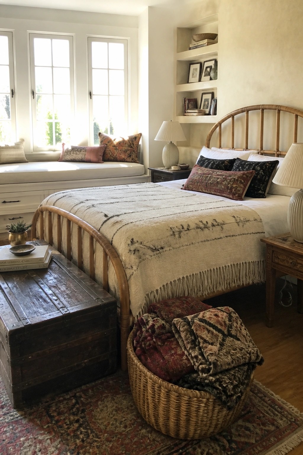 Cozy bedroom with rattan bed, fringed blanket, patterned pillows, wicker basket, and wooden trunk.