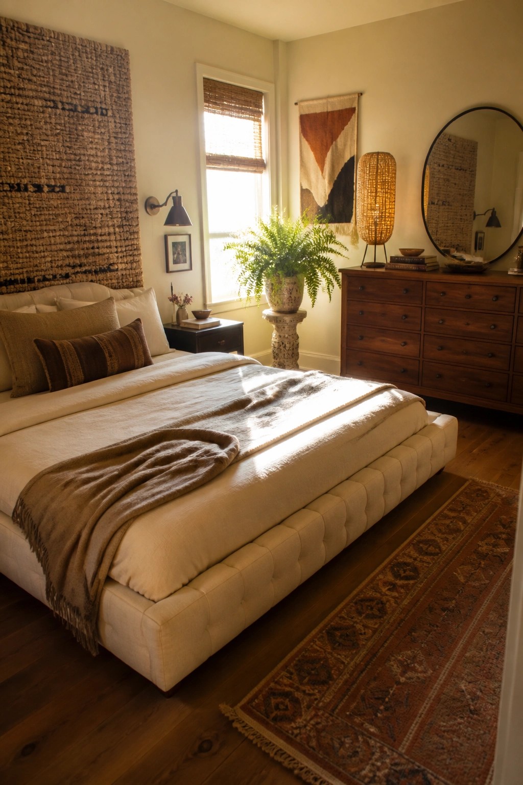 A bedroom with a large tufted bed in neutral tones, a prominent textured woven wall hanging above it, a window with bamboo shade, a potted fern on a stand, and a dark wood dresser with round mirror.