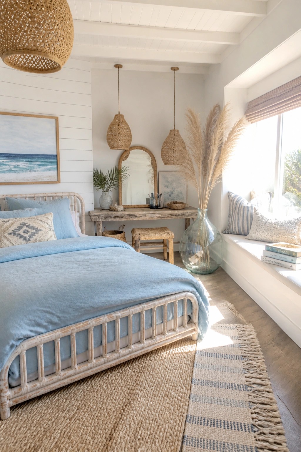 A bright bedroom featuring a rattan bed with blue bedding, woven pendant lights over a wooden vanity, a large window seat with pillows, and layered rugs on the floor.
