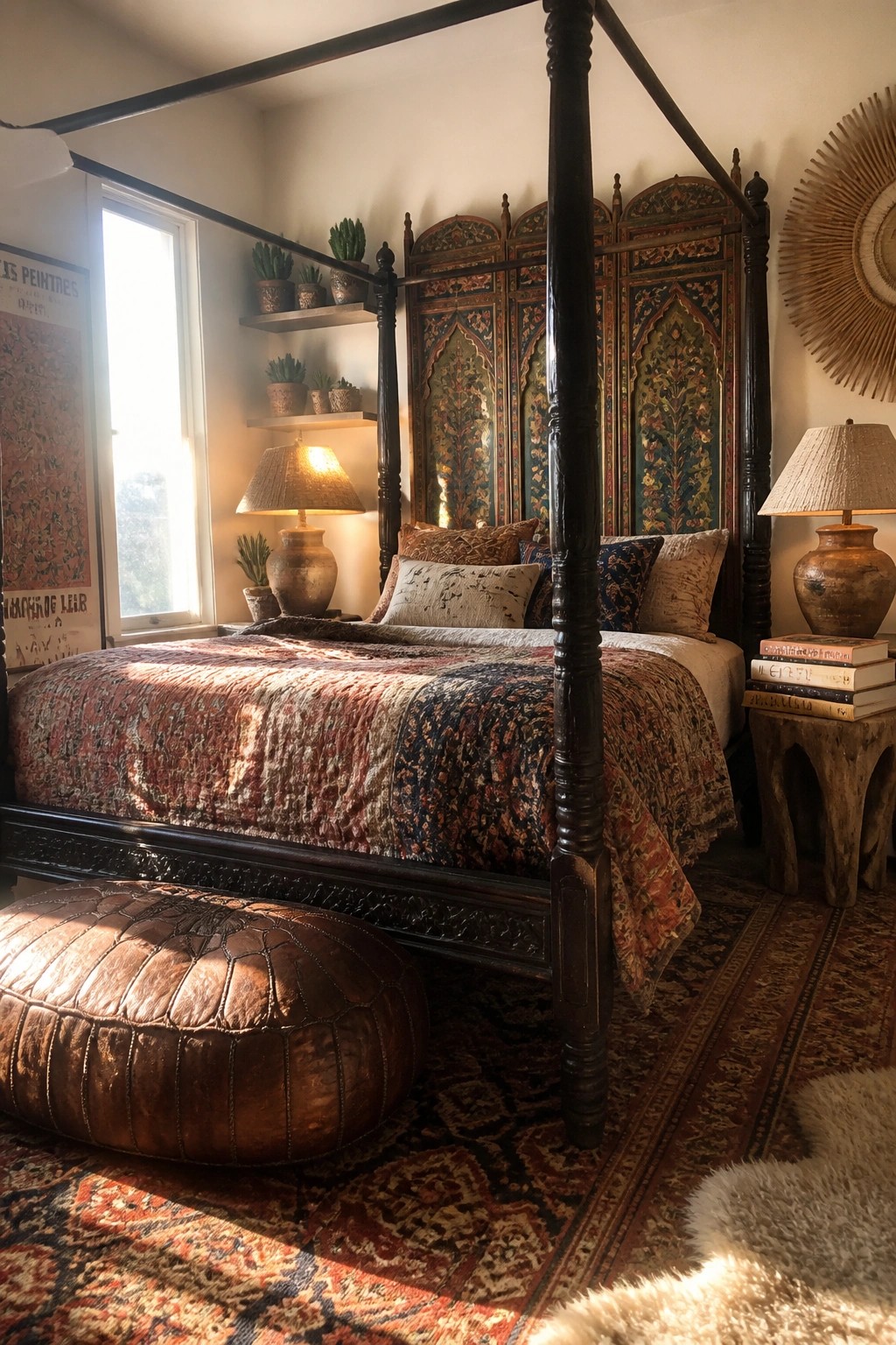A bedroom featuring a dark four-poster bed with a colorful patterned quilt and an ornate carved wooden screen positioned directly behind the headboard.