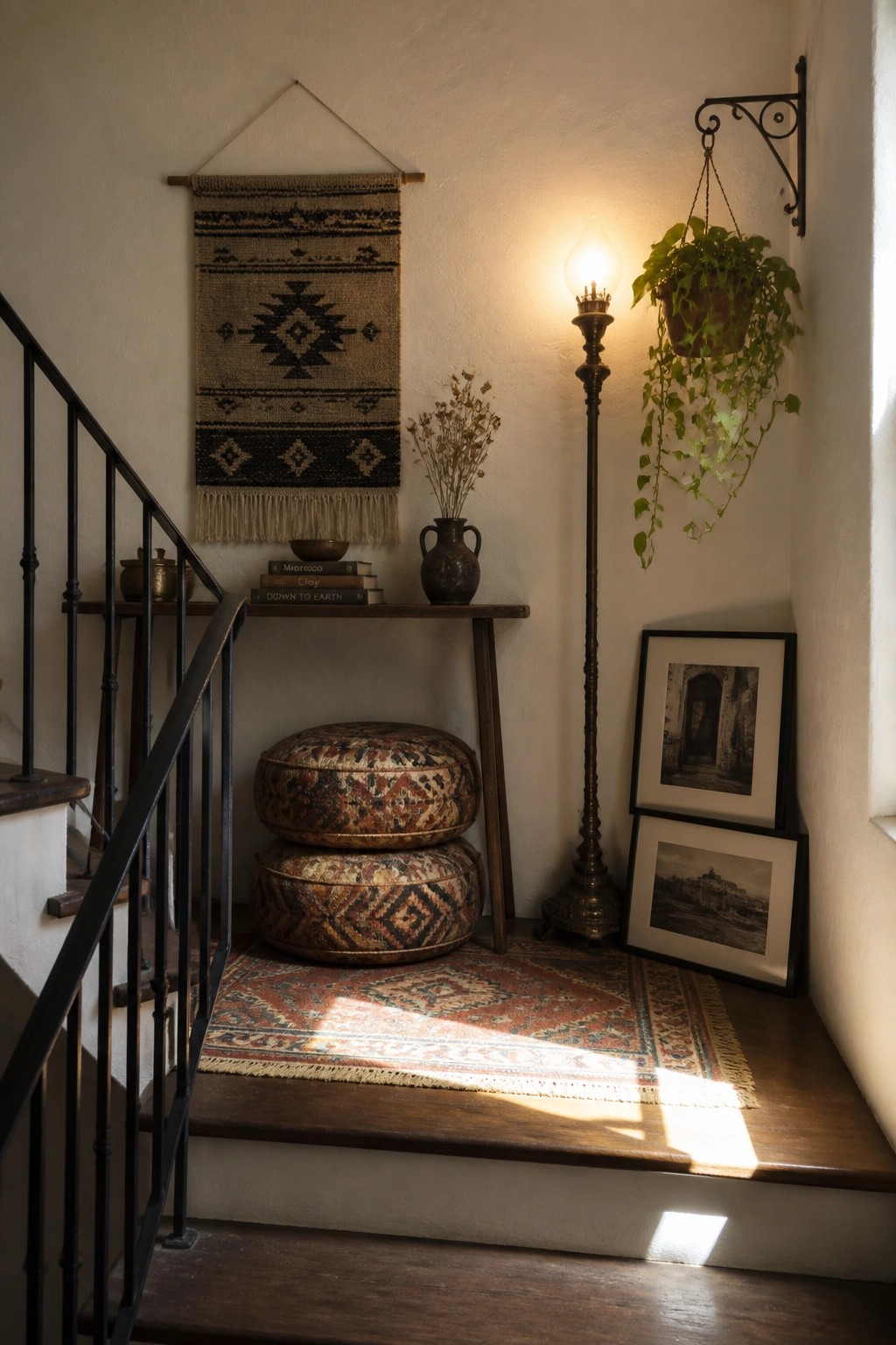 A wooden console table stands on a stair landing beneath a woven wall hanging, with stacked patterned poufs below it, a floor lamp to one side, and framed photos leaning against the wall.