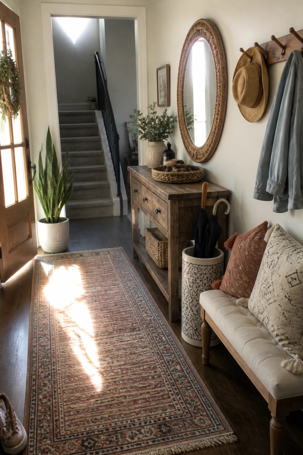 A long patterned runner rug runs down a dark wood hallway past a wooden console table with a round mirror above it and a cushioned bench with pillows on the right.