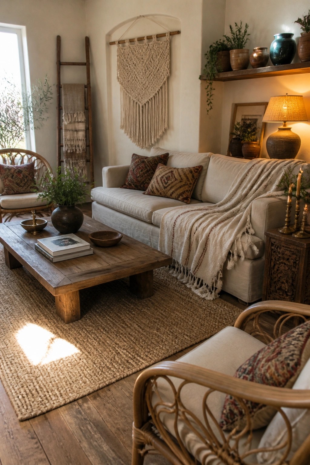 A living room with a large beige woven rug under a wooden coffee table and light-colored sofa, with a macrame wall hanging and wooden ladder visible in the background.