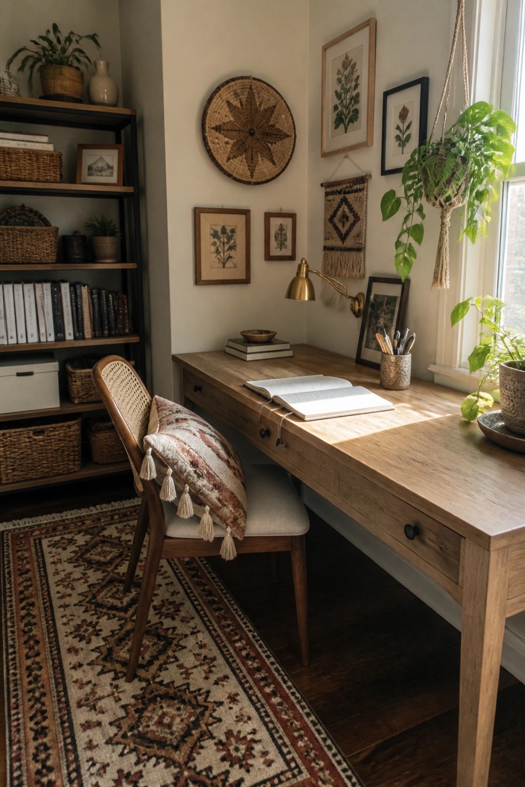 A wooden desk with an open notebook and brass lamp is paired with a woven back chair holding a patterned pillow, positioned in front of bookshelves filled with baskets and books, and walls decorated with framed prints and woven hangings.