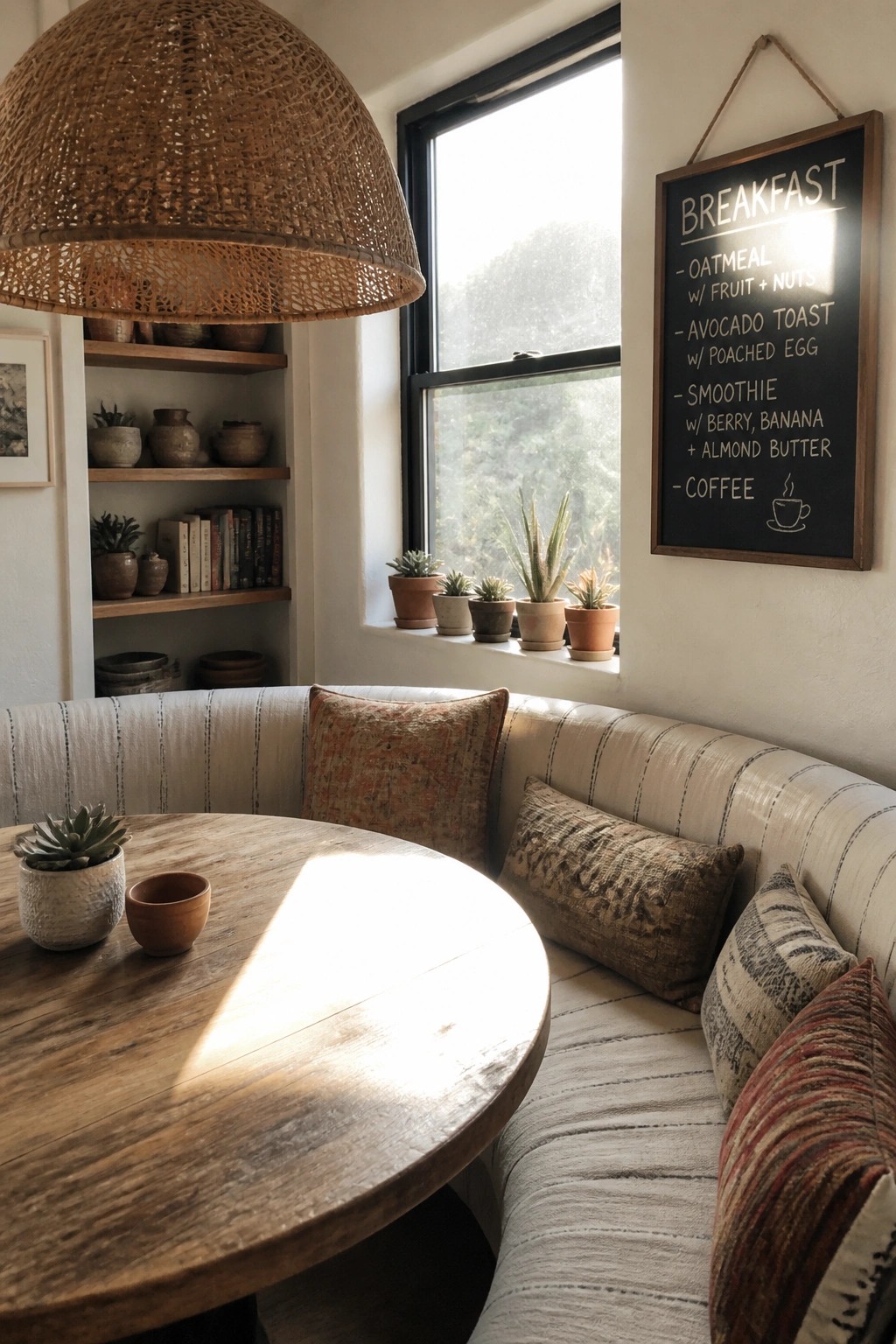 A bright indoor breakfast nook with a round wooden table, curved built-in bench with mixed pillows, open shelves holding books and plants, and a chalkboard menu on the wall.