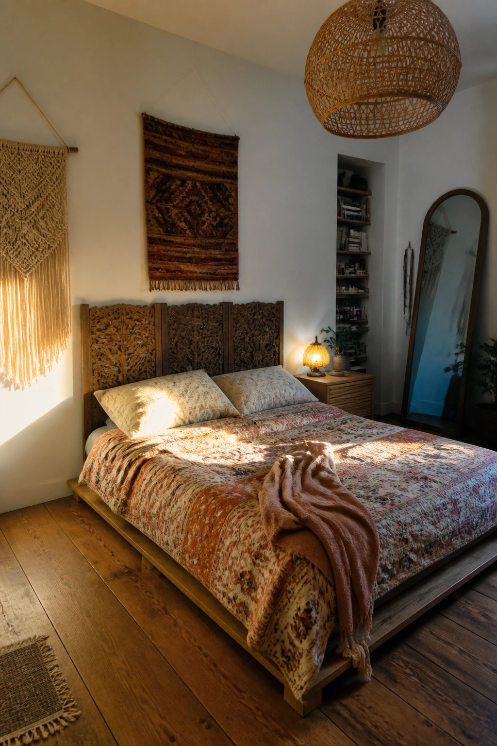 Sunlit bohemian bedroom with carved wooden bed, colorful quilt, woven pendant light