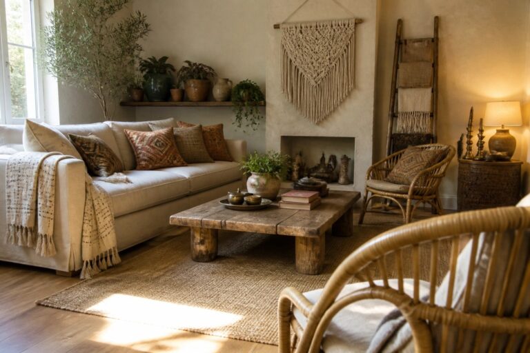 23 Beautiful Boho Home Decor Ideas to Create a Free Spirited Space A living room with a large beige woven rug under a wooden coffee table and light-colored sofa, with a macrame wall hanging and wooden ladder visible in the background.
