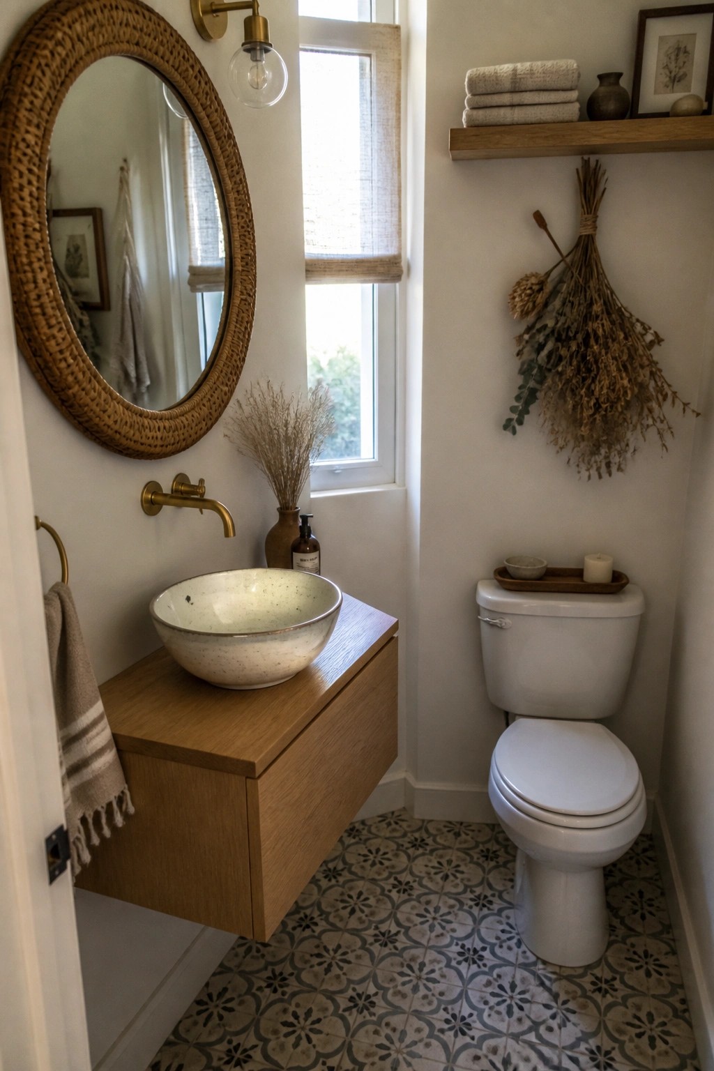 A small bathroom with a floating wood vanity, speckled vessel sink, round woven mirror, white toilet, patterned tile floor, and dried plant bundles hanging on the wall.