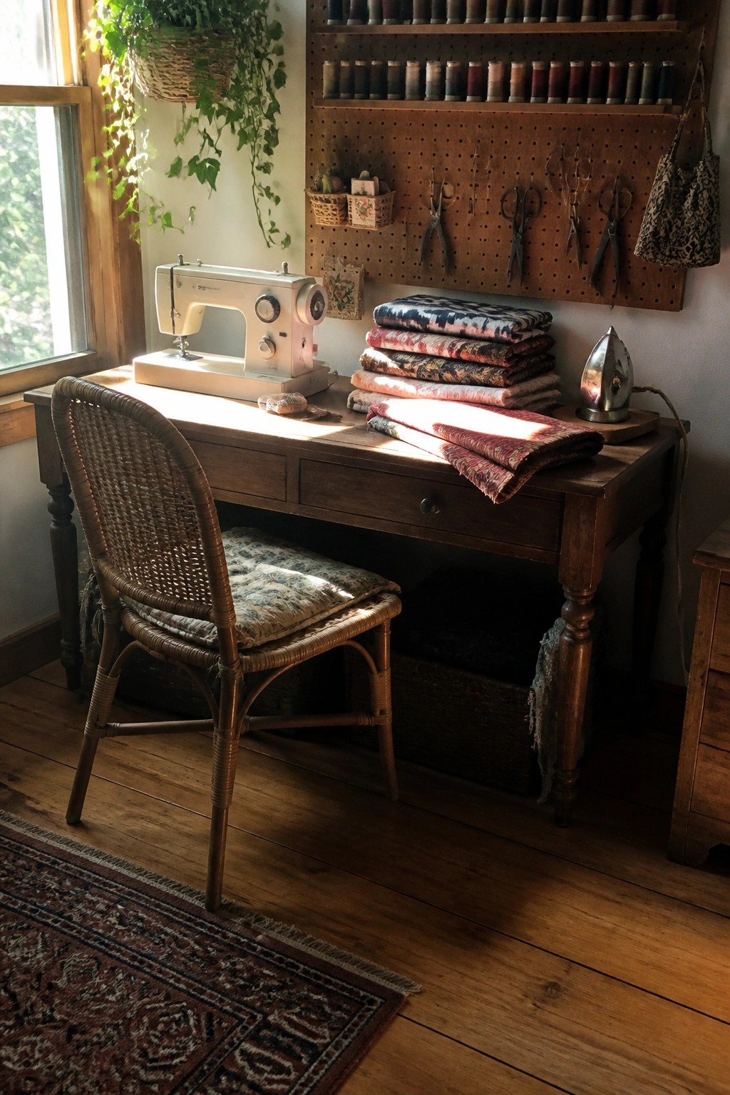 Sunlit wooden sewing desk with vintage machine, stacked fabrics, iron, and wicker chair