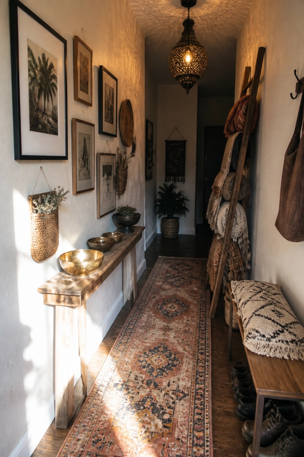 Narrow boho hallway with patterned runner rug, wooden ladder of blankets, framed art, and golden bowls