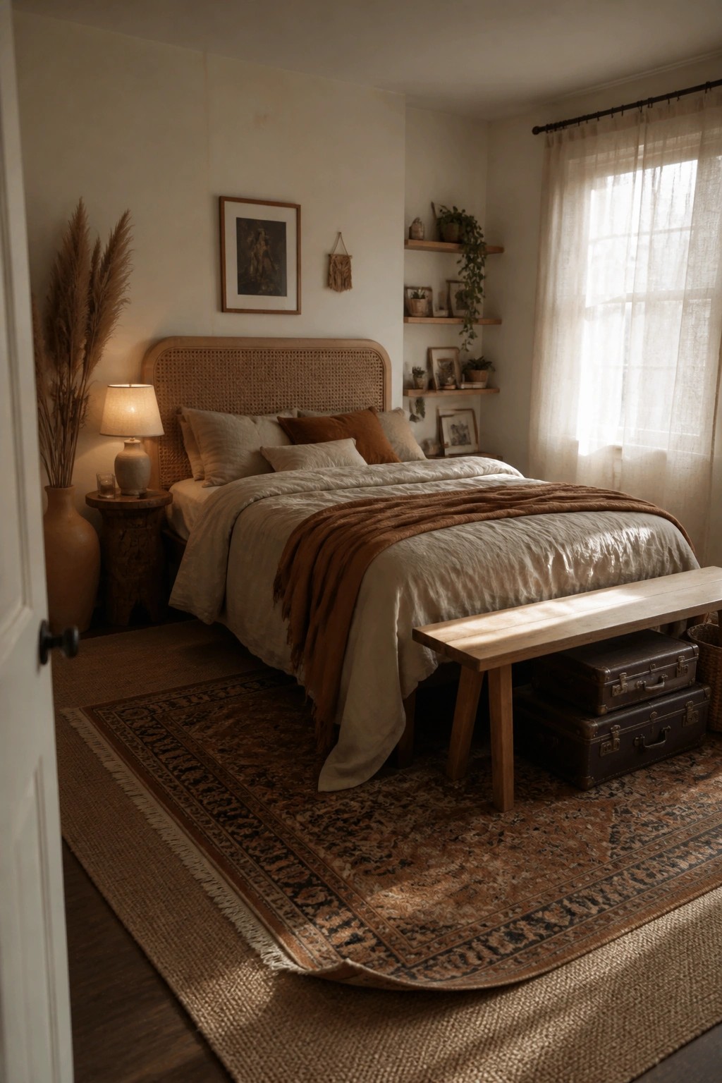 A boho bedroom featuring a rattan headboard, layered neutral bedding with a rust throw, a wooden bench with stacked trunks, and a large patterned rug over jute flooring.