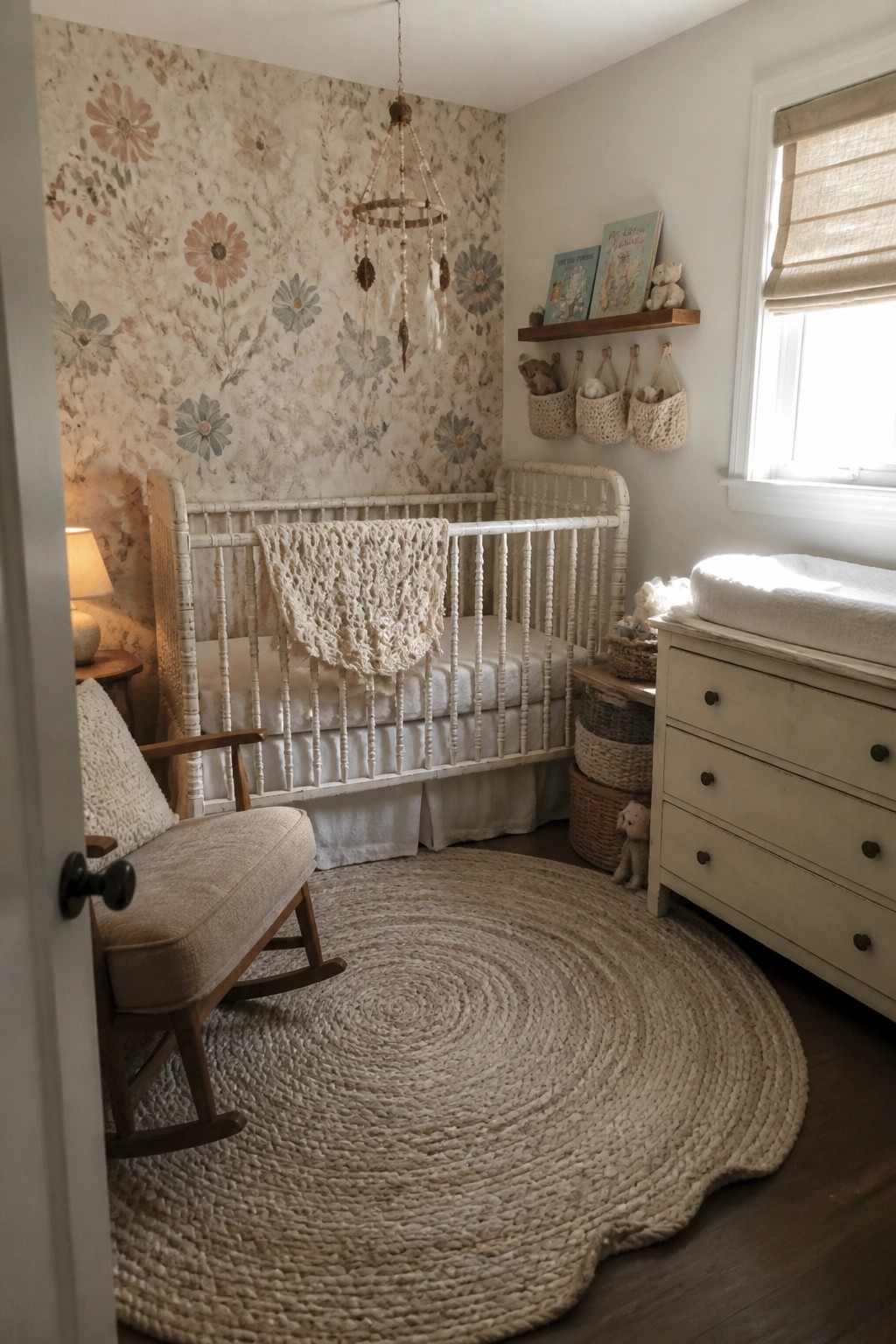 Cozy nursery with white crib, floral wallpaper, rocking chair, and round woven rug.