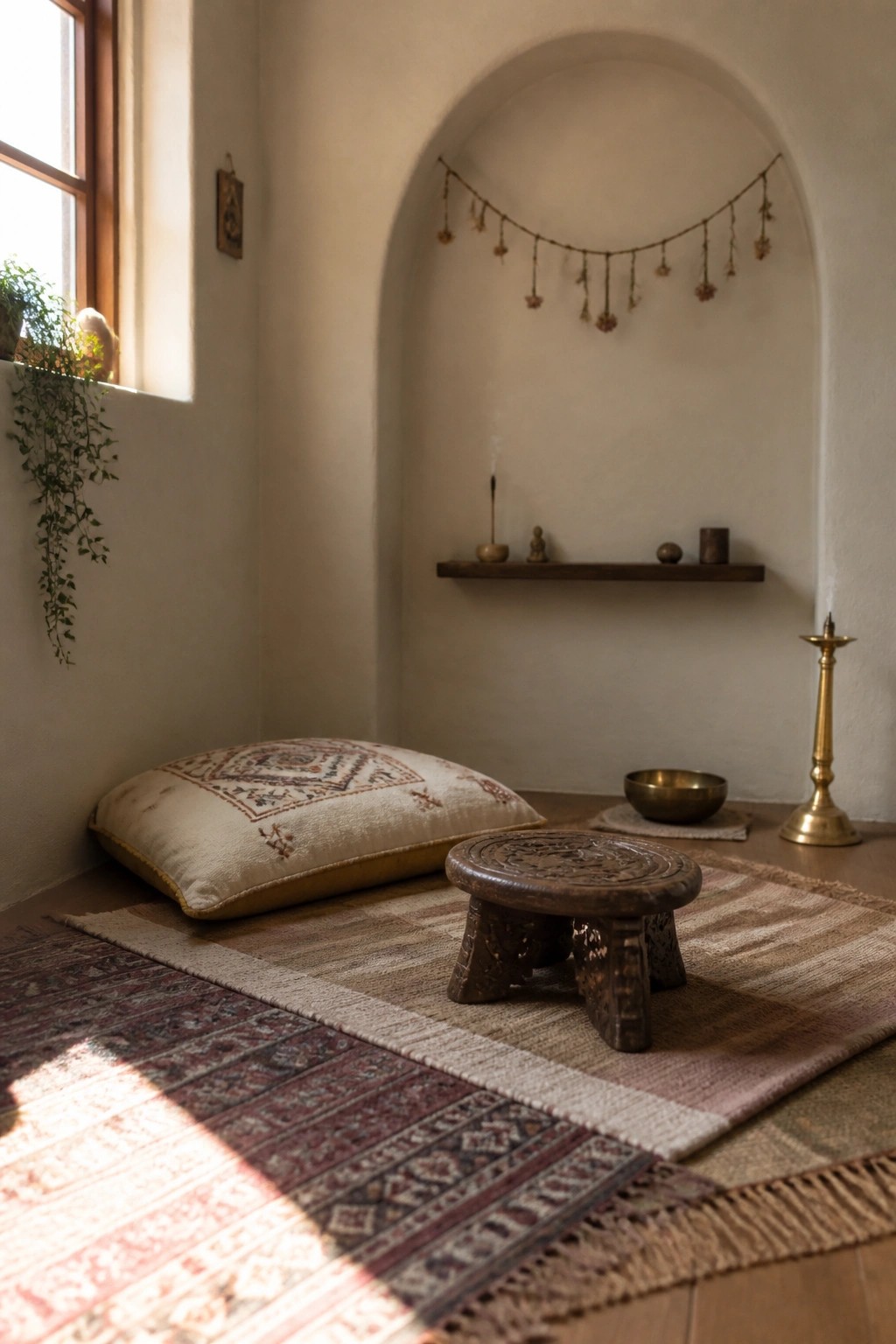 An interior corner with layered rugs, a large patterned floor cushion, a low carved wooden stool, a brass singing bowl, and a tall brass candle holder in front of a wall shelf under an arched niche.