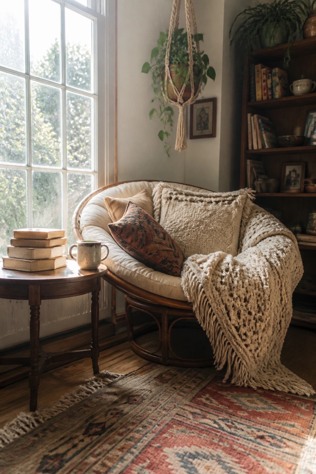 A rattan chair with cushions and a fringed throw sits beside a window, with a small table holding stacked books and a mug in a room with plants and a bookshelf.
