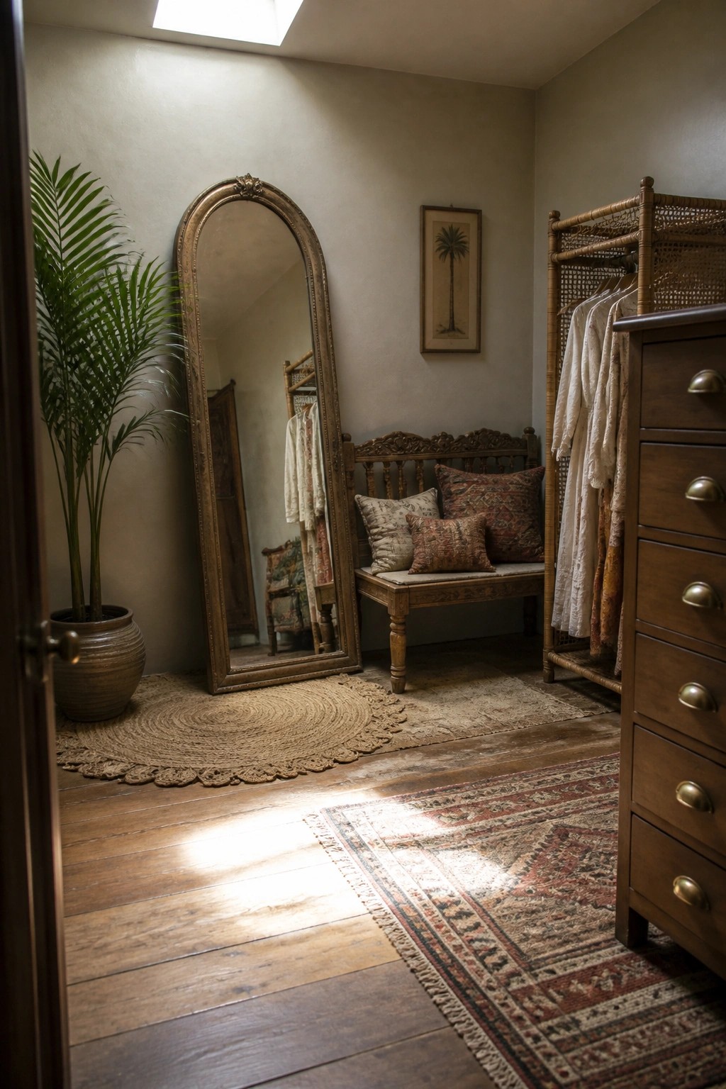An interior room with a large arched mirror leaning against a wall, a wooden bench with pillows, layered rugs on wood floors, a potted palm plant, and a rattan clothing rack.