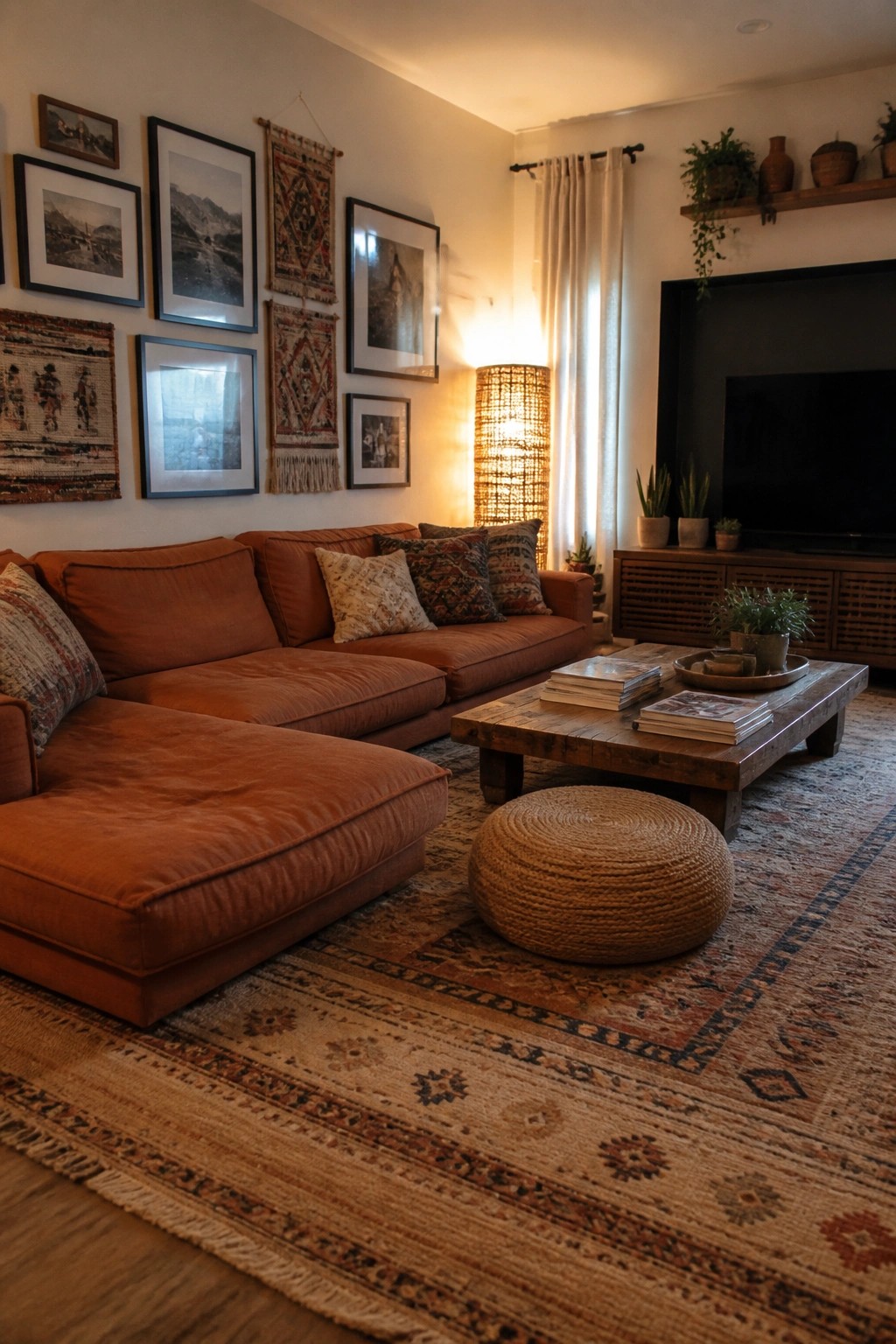 A living room interior showing a rust-colored sectional sofa, wooden coffee table, and large wall display of mixed framed artwork and woven textiles.