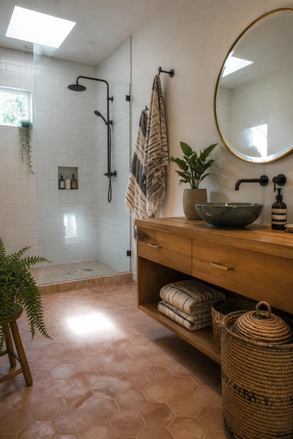 A bathroom interior featuring a wooden vanity with a green vessel sink, round mirror, woven baskets, folded towels, and a glass shower with white tiles and terracotta hexagonal floors.
