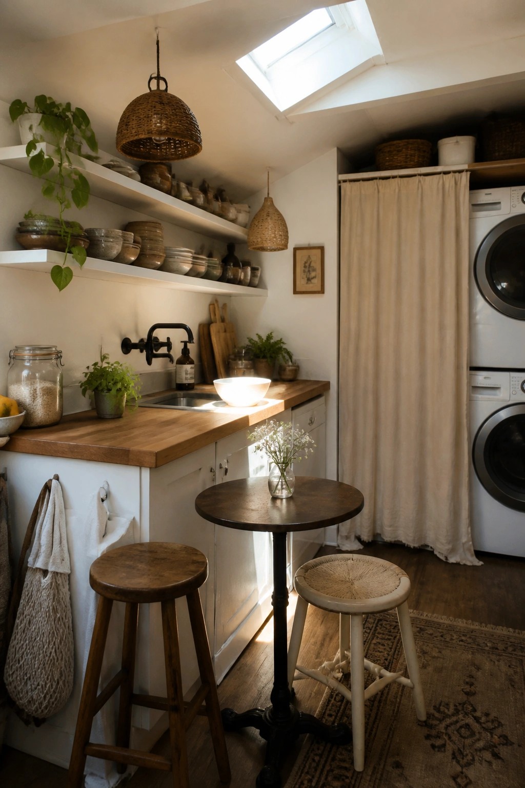 A compact kitchen with white open shelves displaying ceramic bowls above a wooden countertop, a small round table with two stools, and a stacked washer-dryer unit behind a beige curtain.