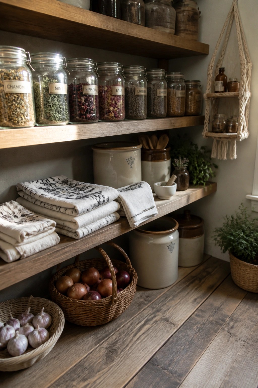 Wooden shelves with labeled herb jars, linens, pottery, and baskets of onions