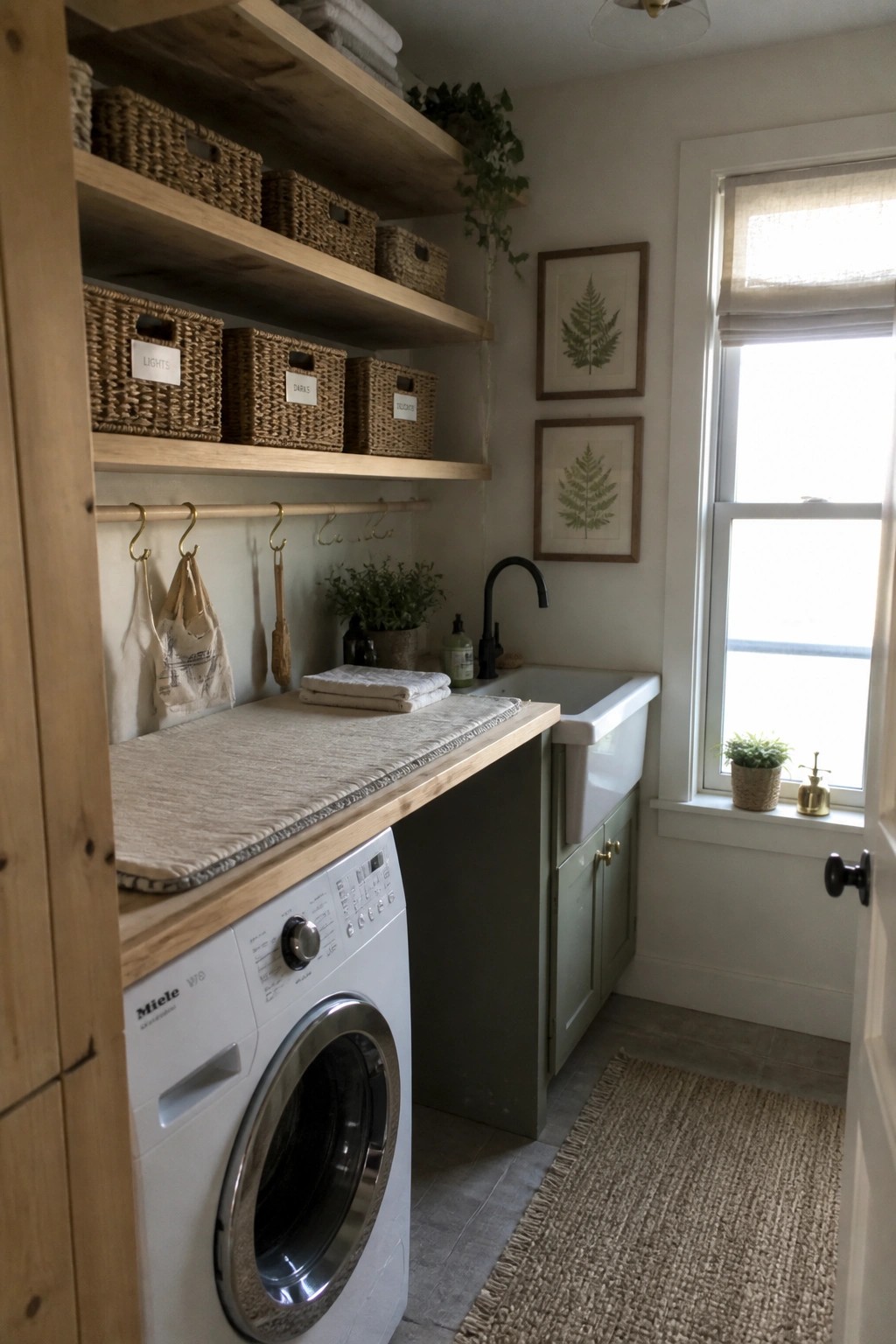 A laundry room with open wooden shelves holding labeled woven baskets above a washing machine and utility sink, with a window on the right side.