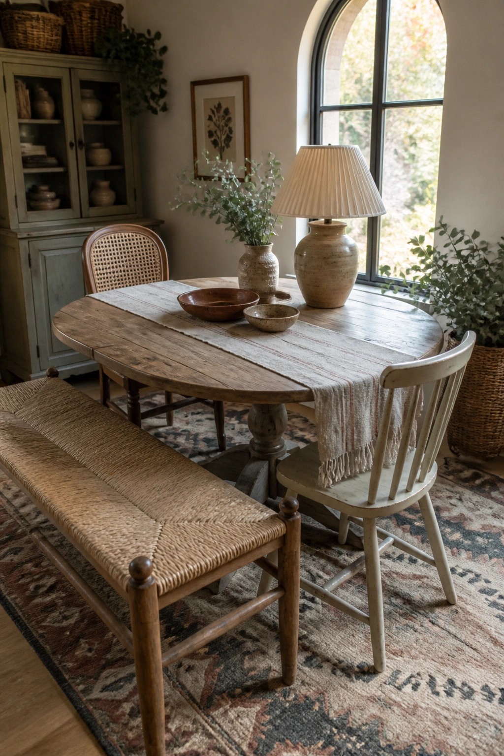 Rustic wooden dining table with woven bench, spindle chair, and clay pottery near arched window.