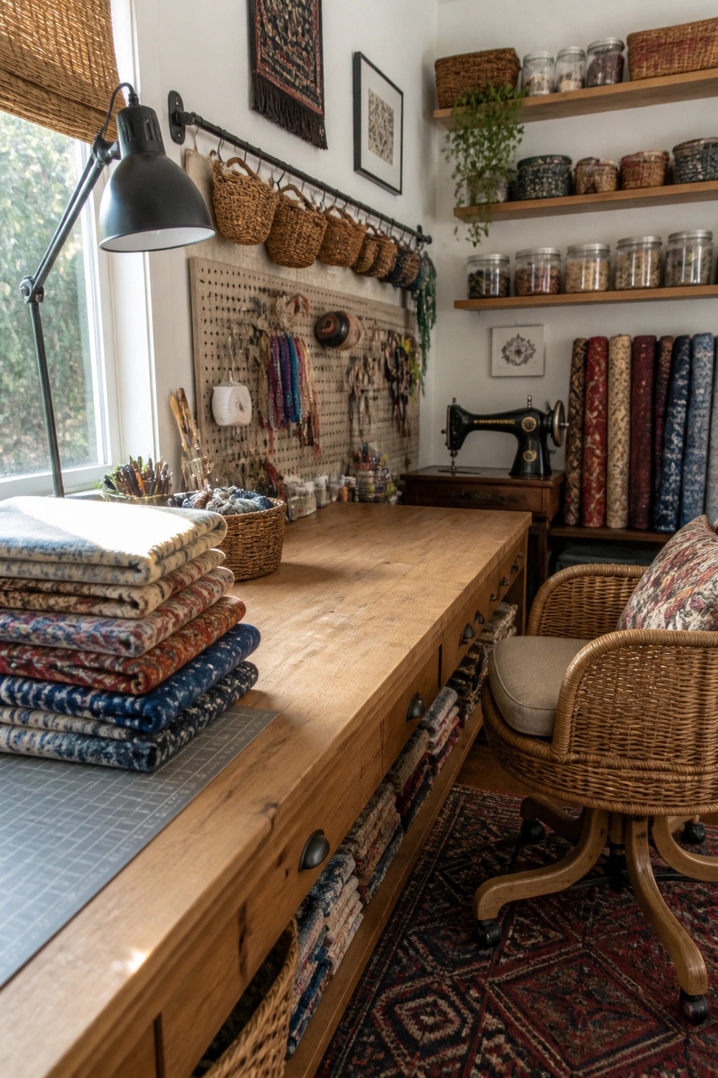 Rustic sewing room with wooden table, stacked fabrics, pegboard tools, vintage machine, and wicker chair.