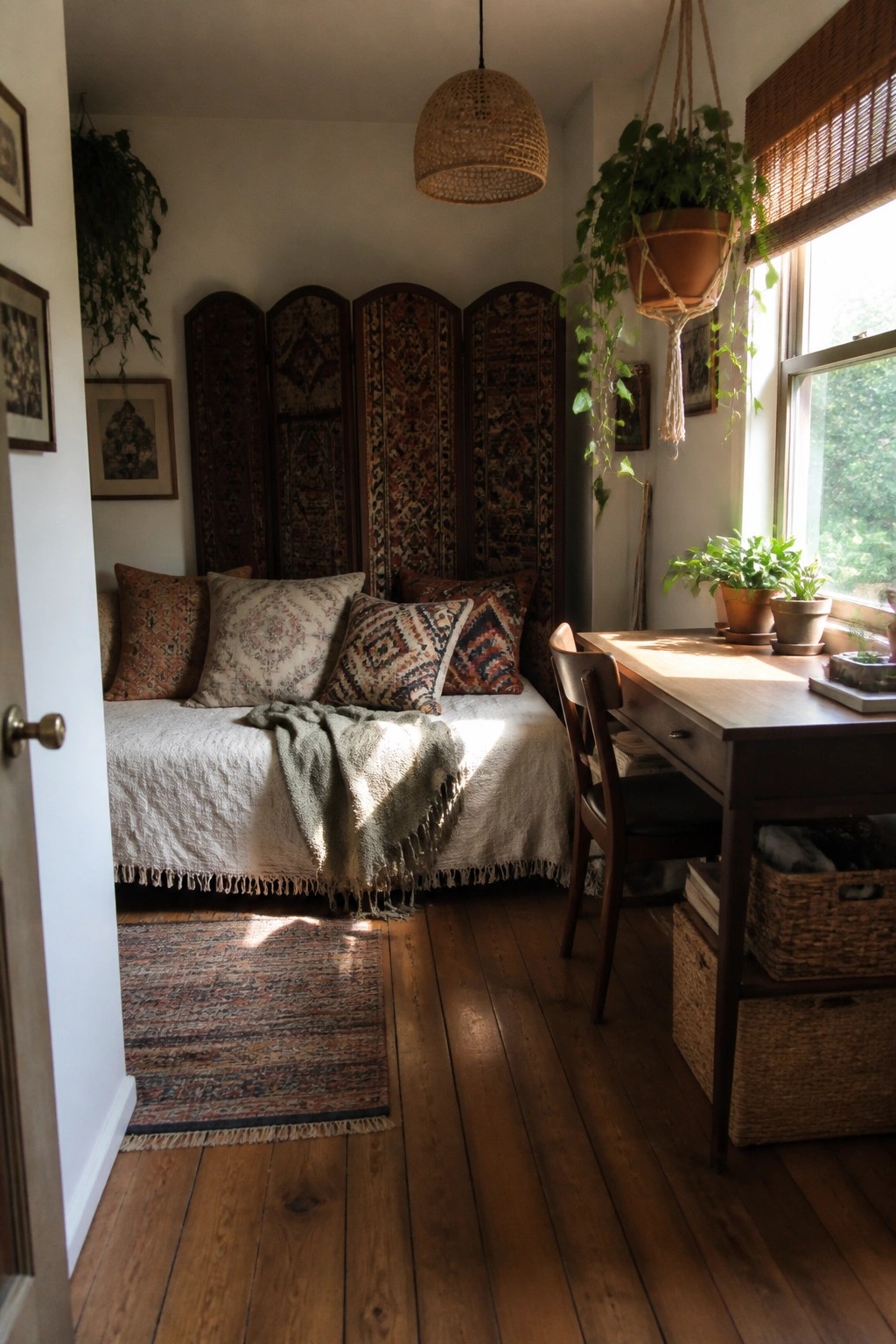 A daybed with patterned pillows and a throw sits in front of a folding screen hung with rugs, next to a wooden desk under a window with hanging plants.