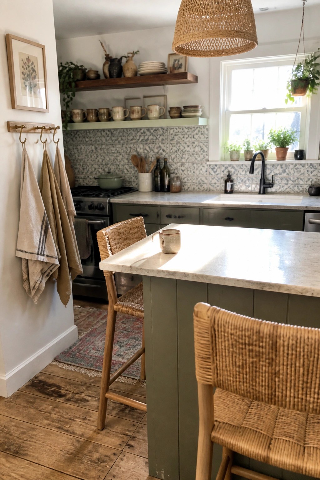 A kitchen interior showing a green island with marble top, two woven wood bar stools, open shelving with ceramics, patterned tile backsplash, and hanging woven light fixture.