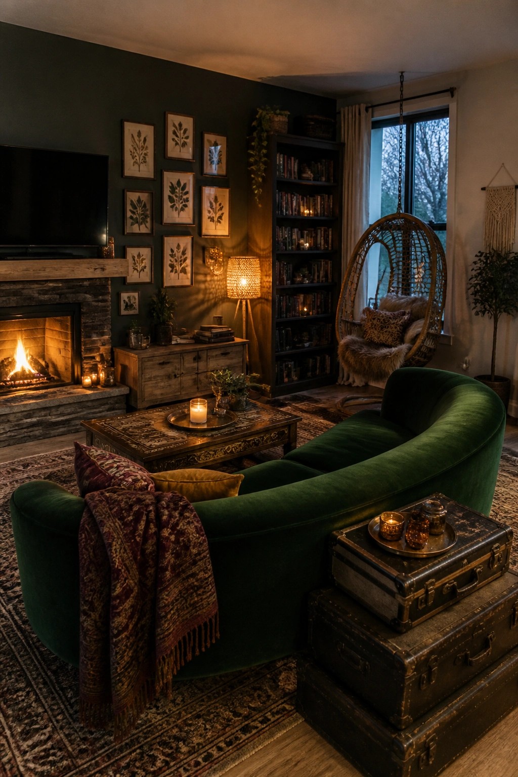 A dark green living room with a large curved emerald velvet sofa in the foreground, a stone fireplace on the left, and a hanging wicker chair near the window.