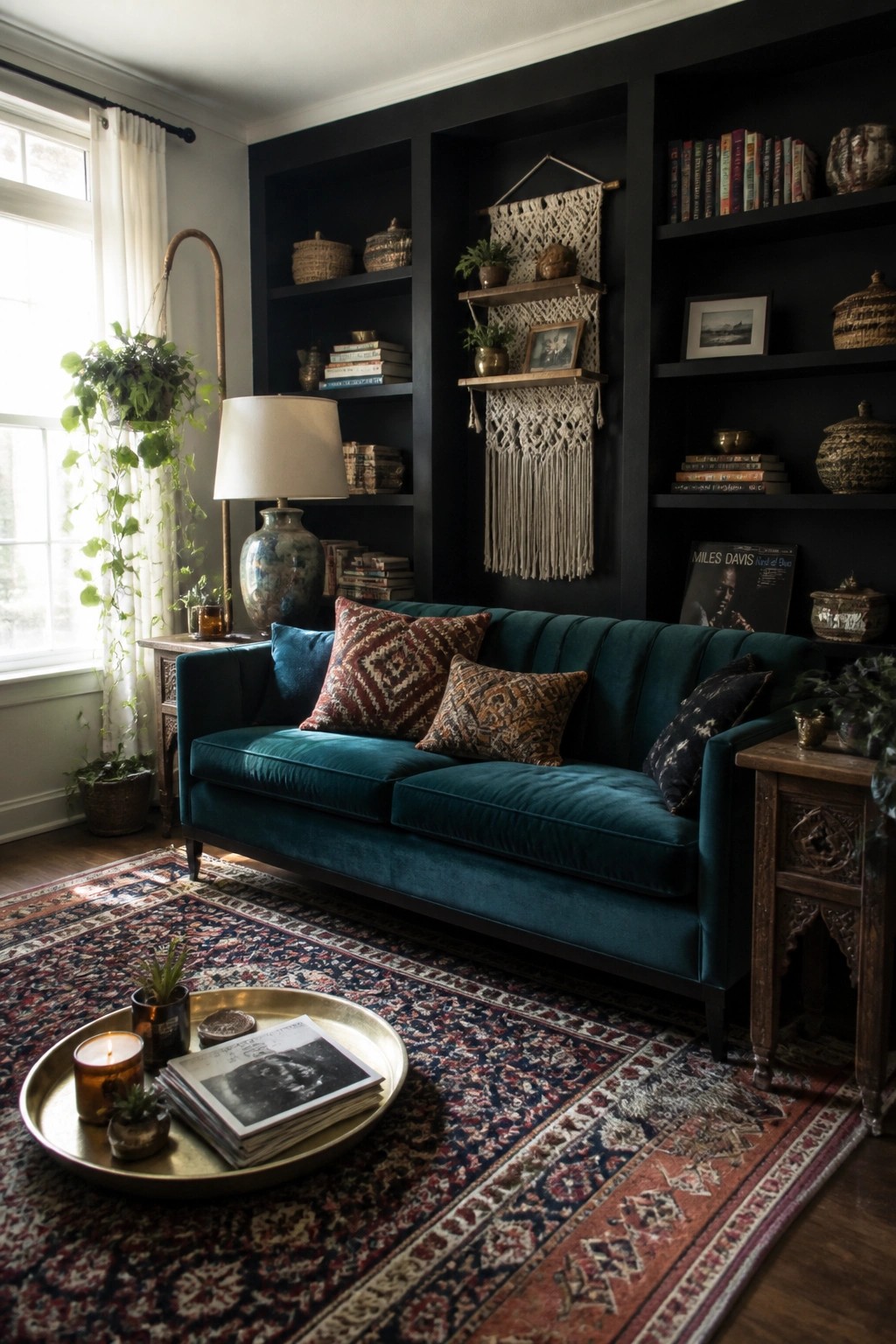 A teal velvet sofa sits in front of black built-in shelves filled with books, baskets, and a macrame wall hanging, with a patterned rug and round tray table in the foreground.