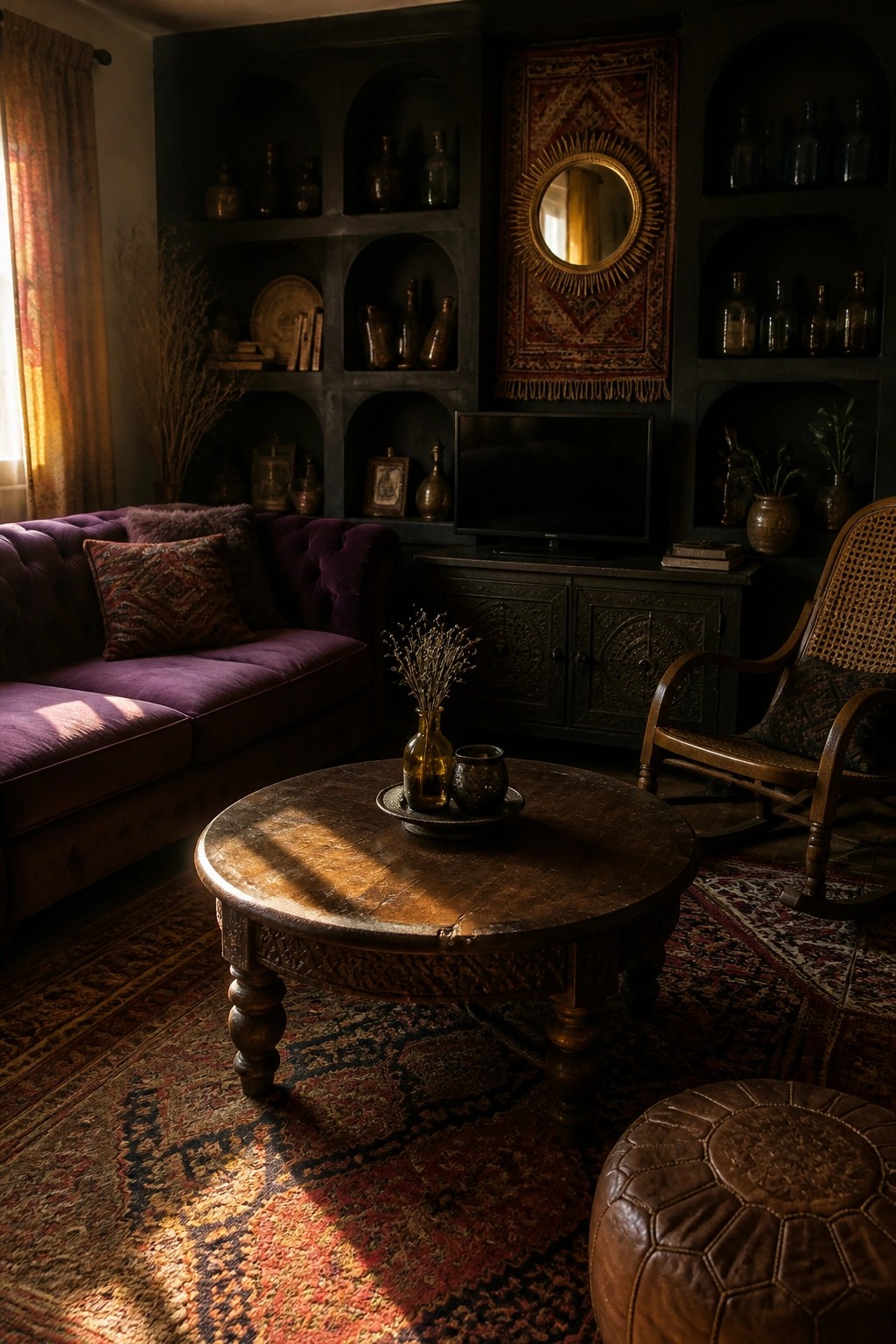 Dark cozy living room with purple sofa, round wooden table, and sunlit shelves.
