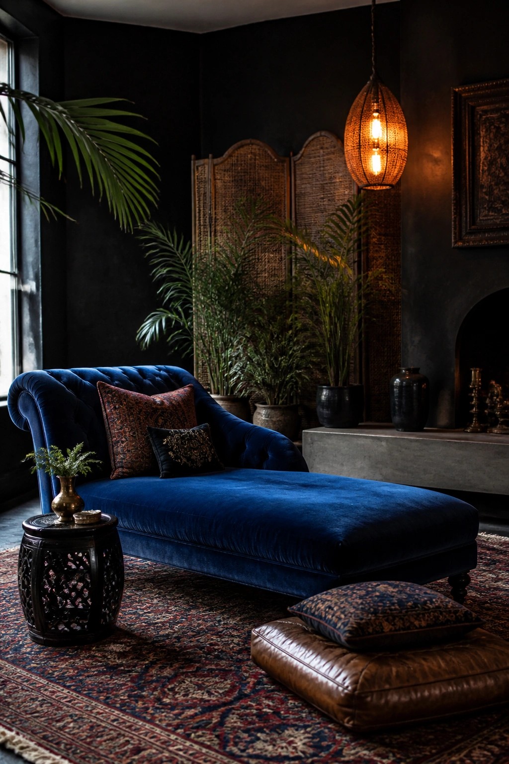 A blue velvet tufted chaise lounge with patterned pillows sits on a red rug in a dark room with plants and a hanging woven light.