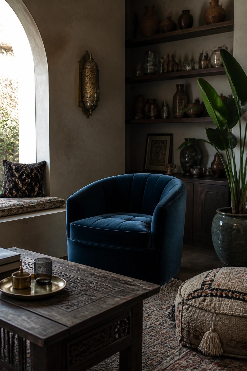 Navy blue velvet armchair in rustic room with arched window, shelves, and potted plant.