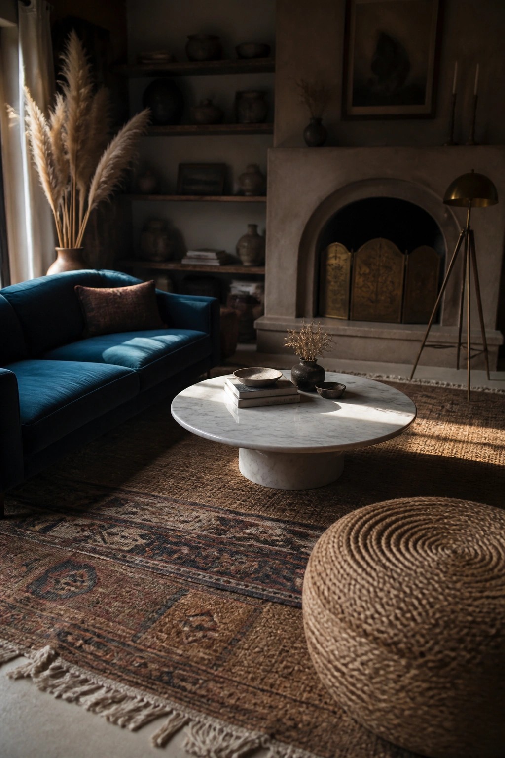 A living room featuring a blue velvet sofa, round marble coffee table on a patterned rug, stone fireplace, and shelves with pottery.