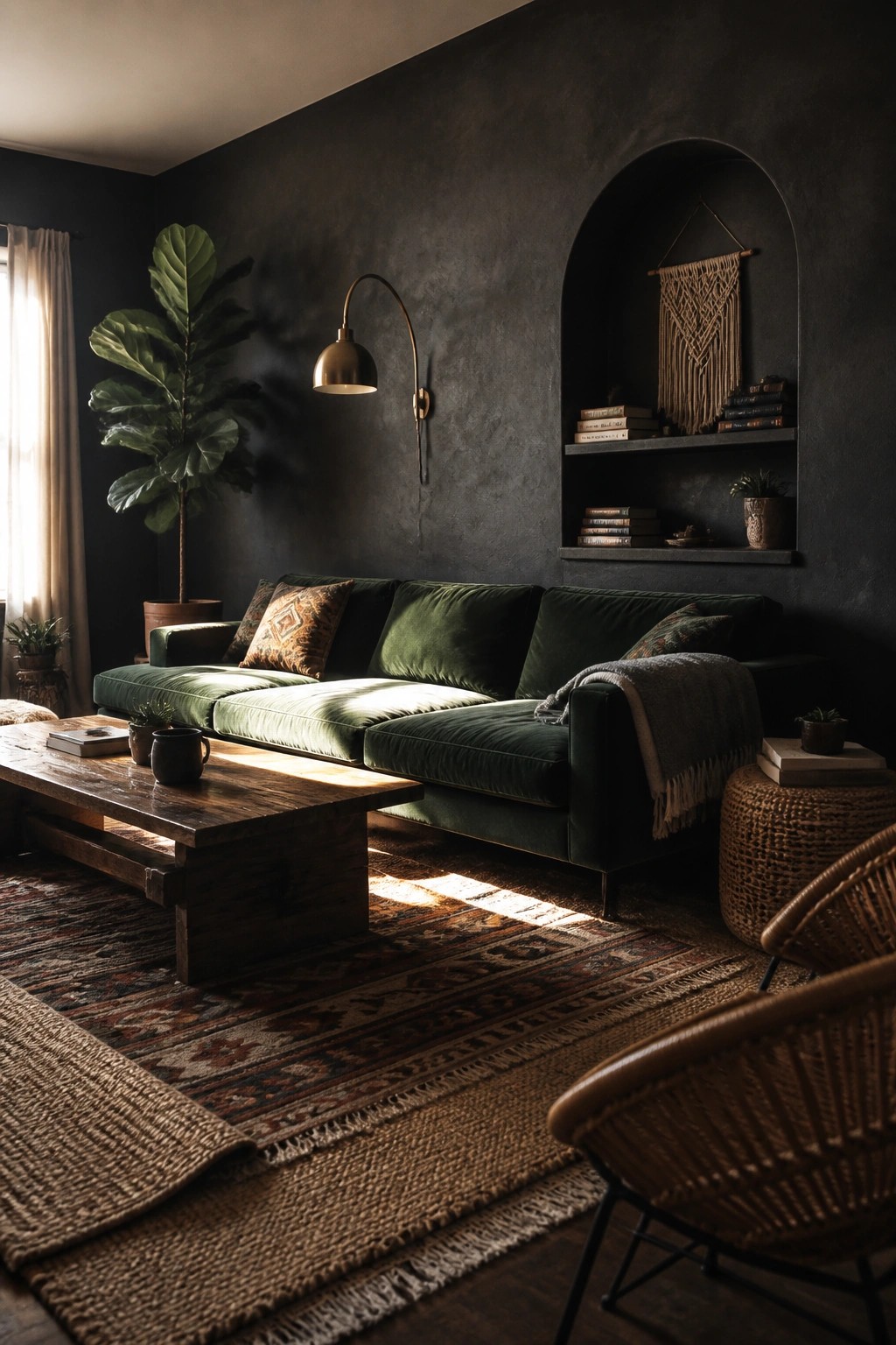 A dark living room featuring a large green velvet sofa, wooden coffee table on a patterned rug, potted plants, and an arched wall niche with books and macrame.