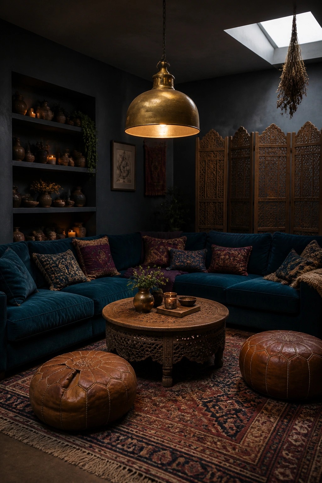 A dark boho living room with a large teal velvet sectional sofa, round carved wood coffee table, two brown leather poufs on a patterned rug, and a brass pendant light overhead.