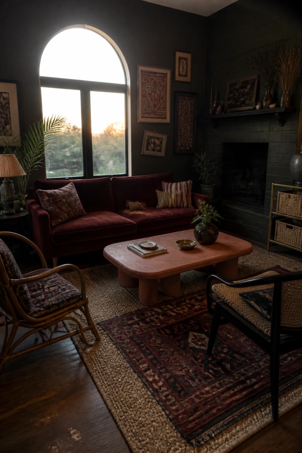 Living room with dark green walls, red velvet sofa, wooden coffee table, and patterned rug near an arched window.