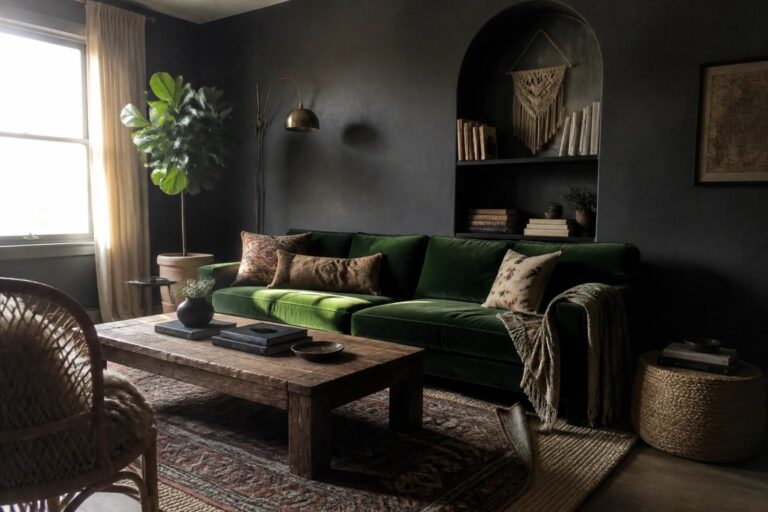 24 Bold Dark Boho Living Room Ideas Centered Around Jewel-Tone Seating A dark living room featuring a large green velvet sofa, wooden coffee table on a patterned rug, potted plants, and an arched wall niche with books and macrame.
