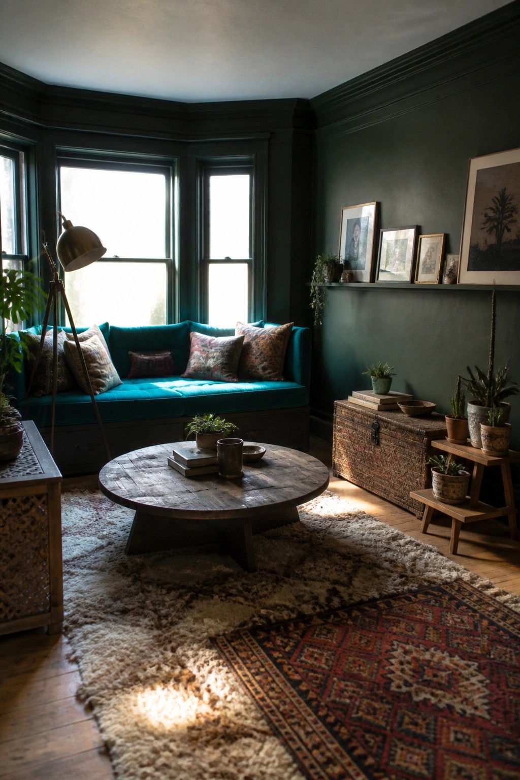 A living room with dark green walls features a teal sofa under bay windows, a round wooden coffee table on layered rugs, potted plants, and framed art on a shelf.