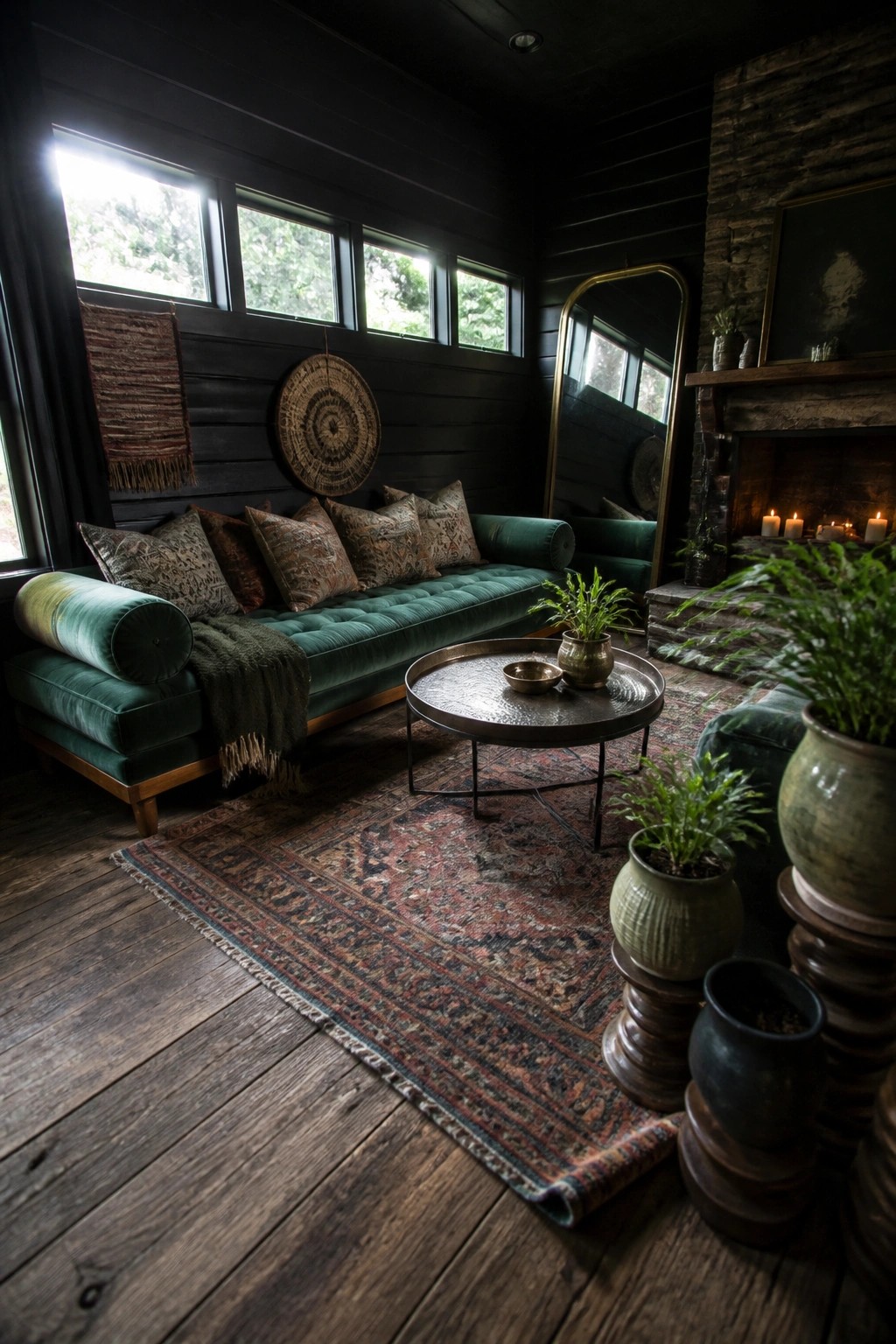 A dark boho living room featuring a green velvet sofa with patterned pillows, a round metal coffee table on a red patterned rug, dark wood walls, and a stone fireplace.