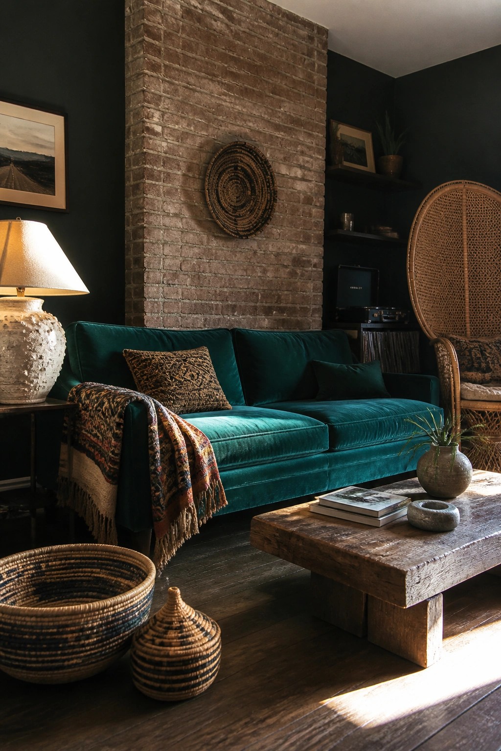 A teal velvet sofa sits in front of an exposed brick wall in a dark green living room with a wooden coffee table and woven baskets on the floor.