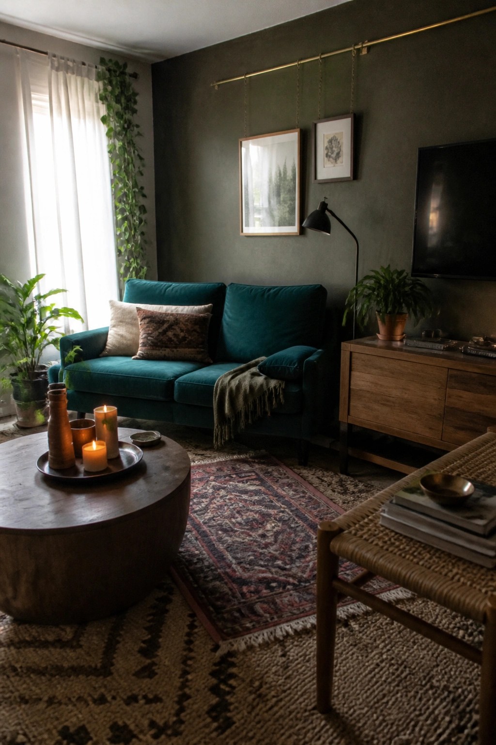 A living room featuring dark green walls, a teal velvet sofa with pillows, a round wood coffee table with lit candles, layered patterned rugs, and a wood media console under a wall-mounted TV.