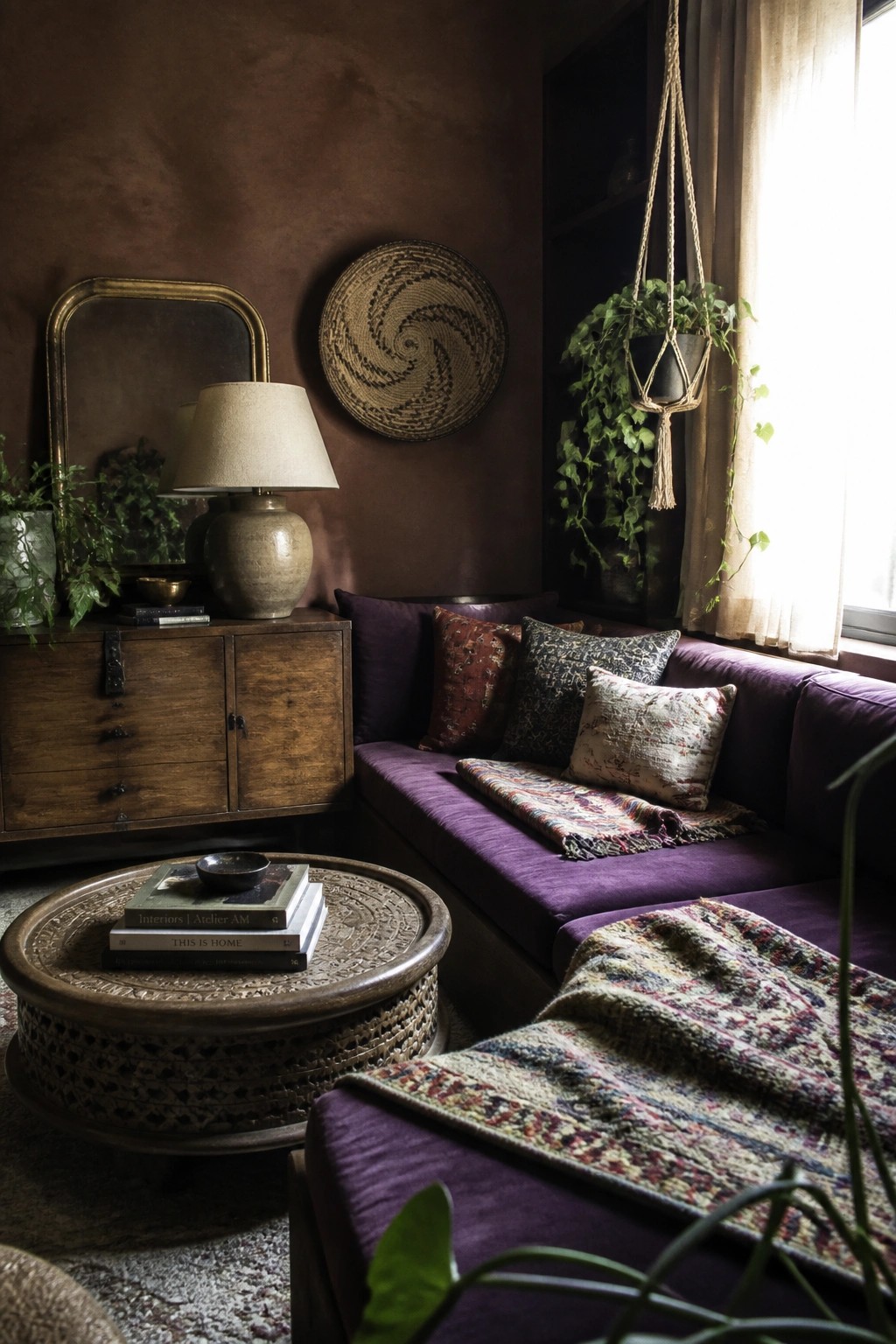 A dark living room corner featuring an L-shaped purple velvet sectional sofa with patterned pillows and throws, a round wooden coffee table, and a wooden sideboard against a textured brown wall.