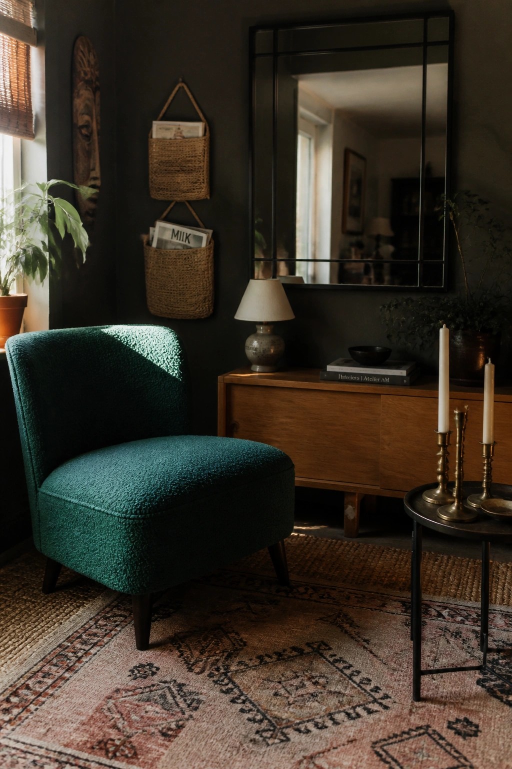 A deep green upholstered armchair sits on a patterned rug in front of a dark wall with woven baskets, a wooden cabinet, a lamp, and a large mirror.