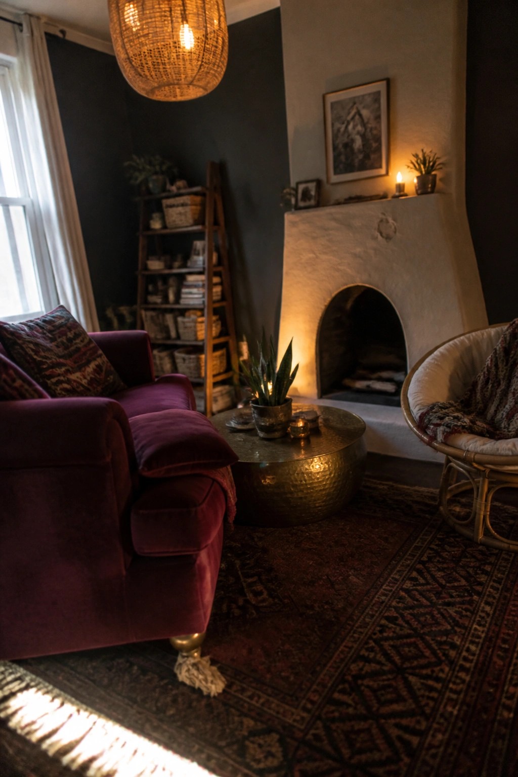A living room featuring a purple velvet sofa, a round hammered metal coffee table, a white plaster fireplace, and a woven pendant light.