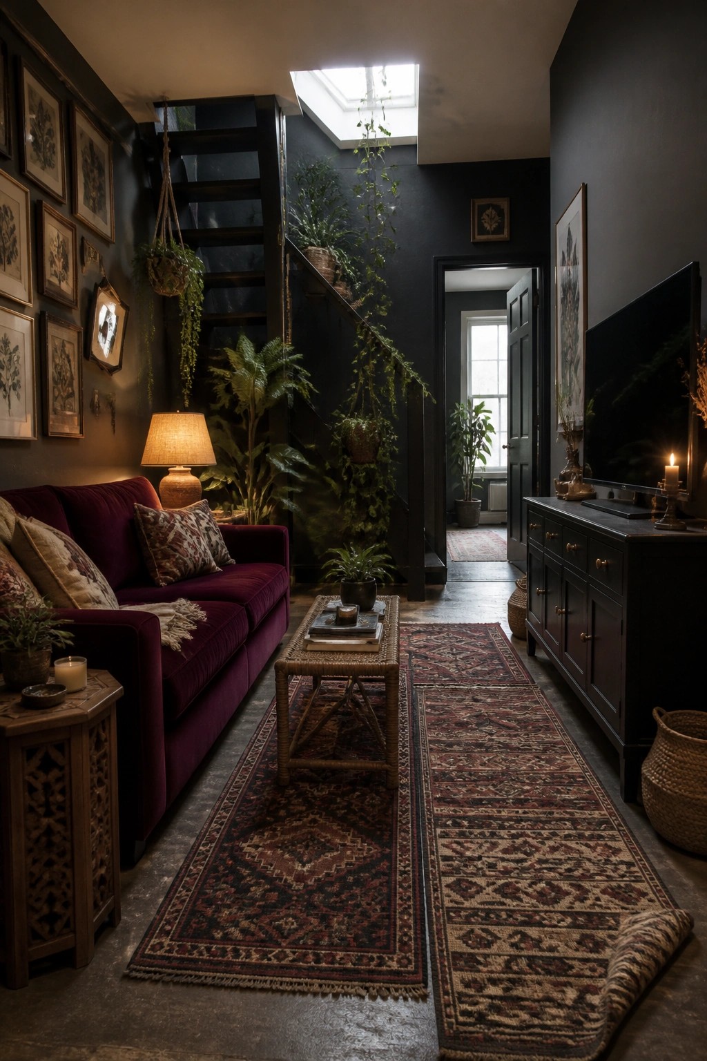 Dark living room with red velvet sofa, patterned rugs, plants, and skylit staircase.