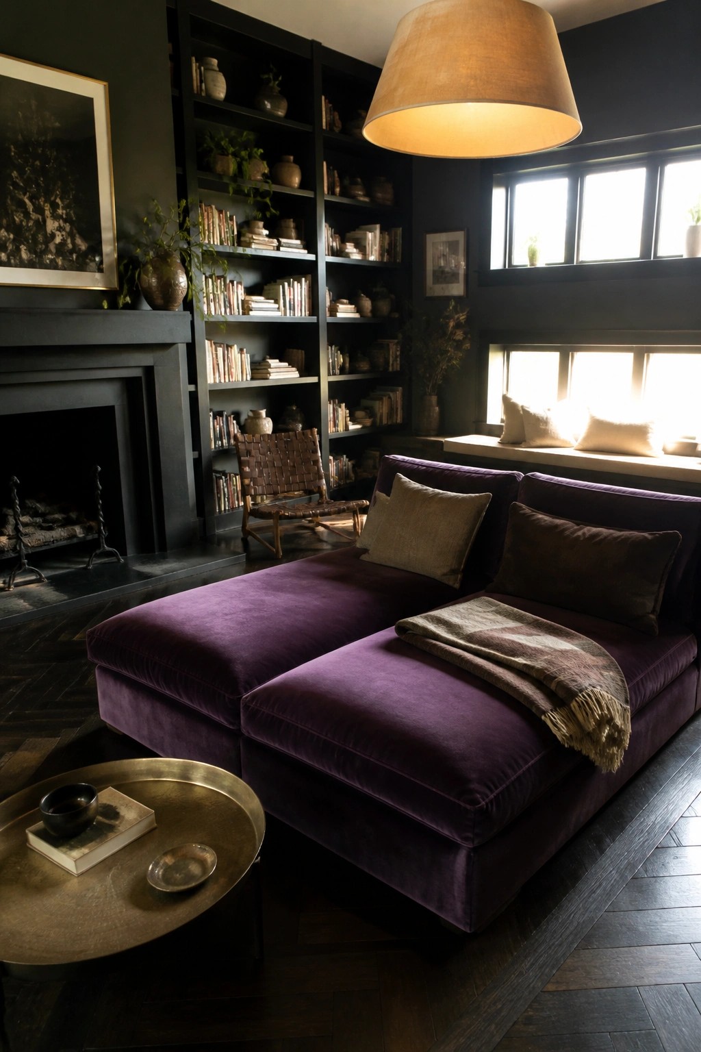 Dark living room with purple velvet sectional sofa, black bookshelves, fireplace, and pendant light.