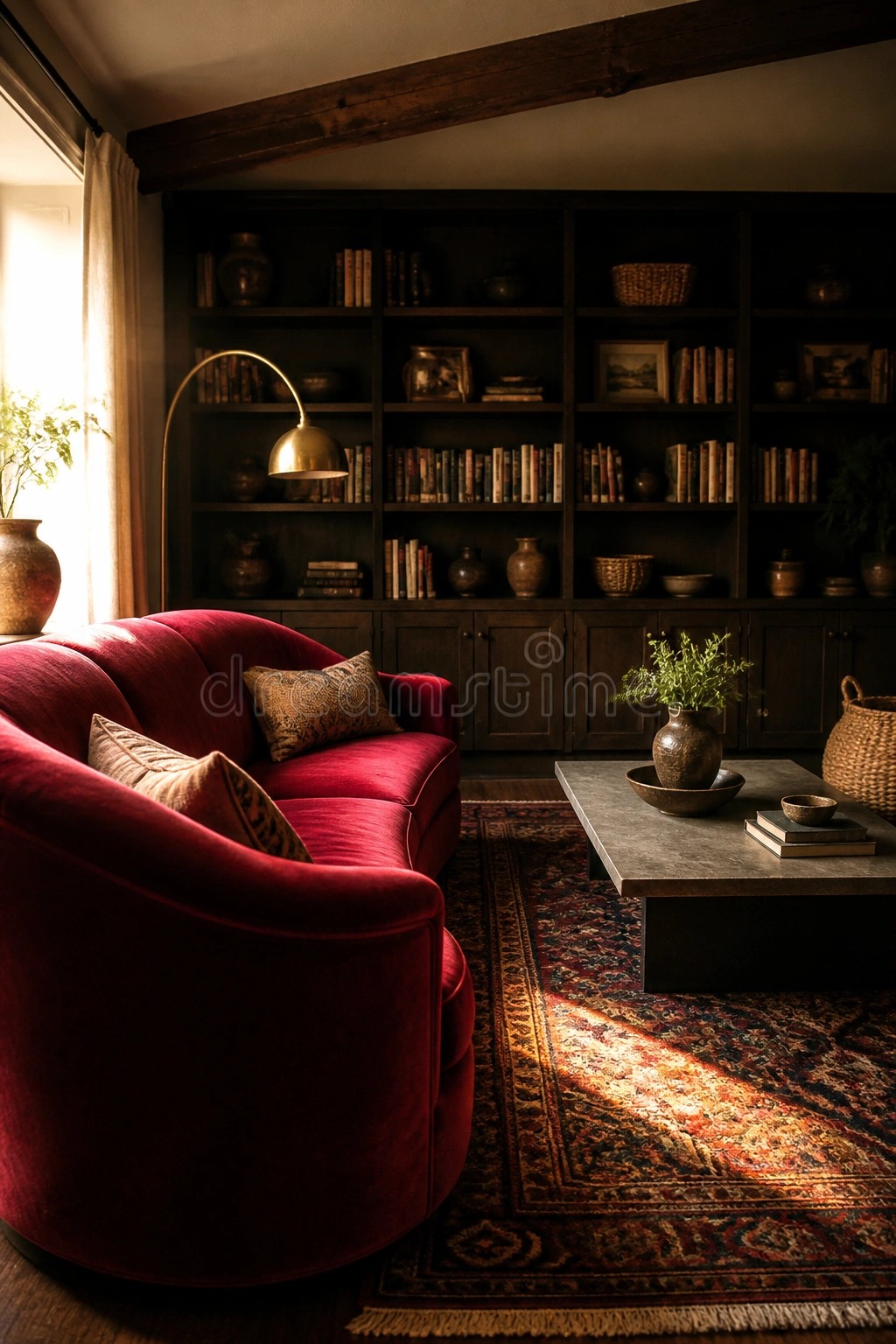 A living room featuring a curved red velvet sofa in front of dark built-in bookshelves, with a patterned rug and stone coffee table.