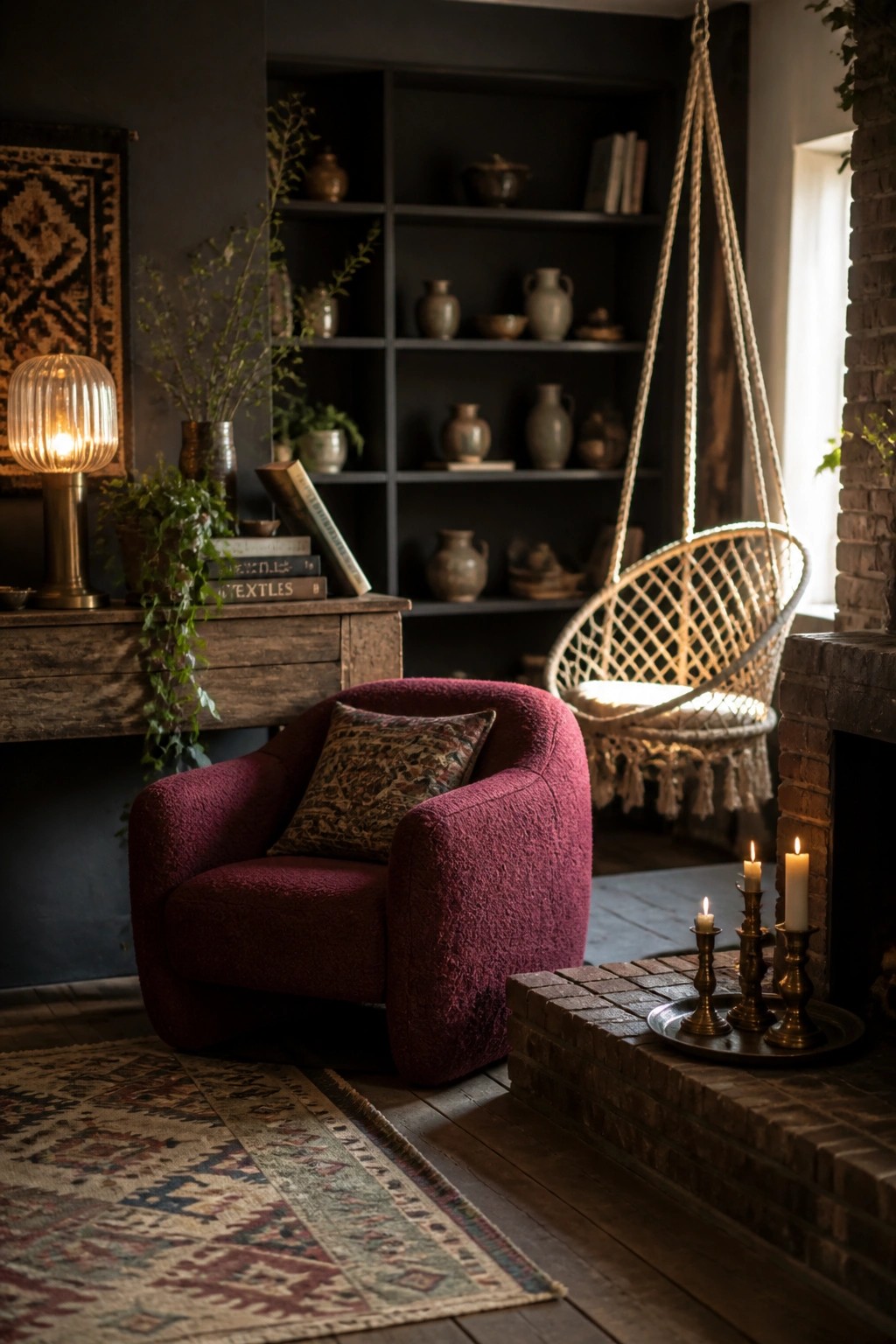 Cozy dark room with red armchair, hanging wicker chair, pottery shelves, and lit candles.